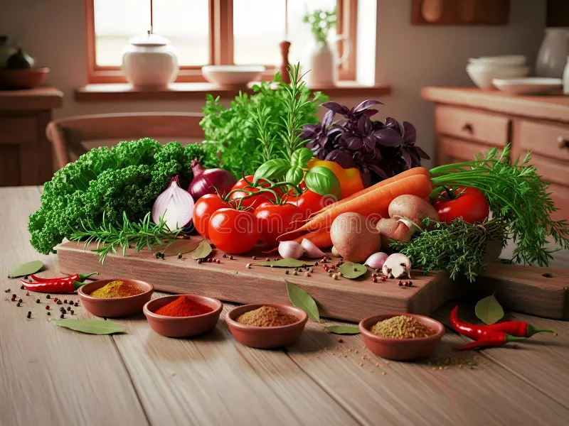 Colorful fresh vegetables and herbs arranged on a wooden kitchen counter
