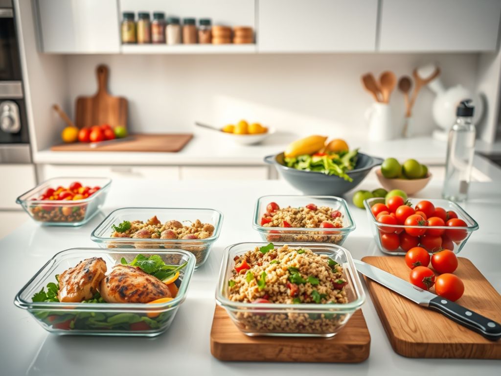 Assortment of colorful prepared bowls with grains, roasted vegetables, and fresh herbs